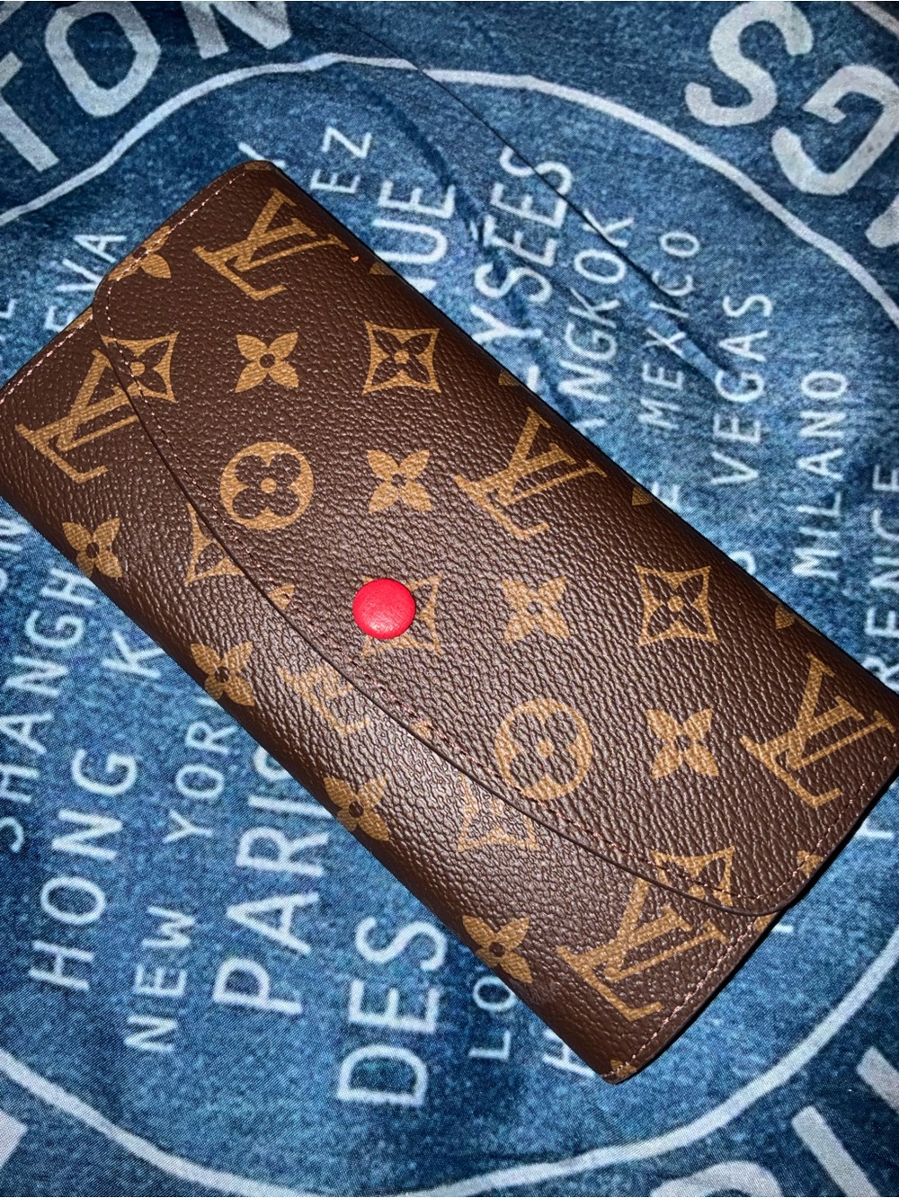 Louis Vuitton Brown Monogram Wallet with Red Snap Button